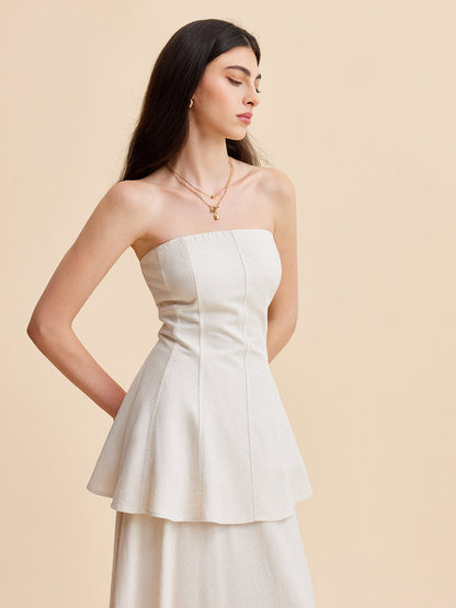 Summer Strapless Linen Blend Set for Women – Elegant Top and Flowing Skirt