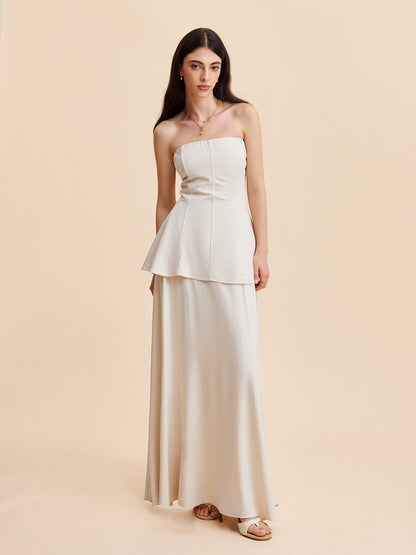 Summer Strapless Linen Blend Set for Women – Elegant Top and Flowing Skirt