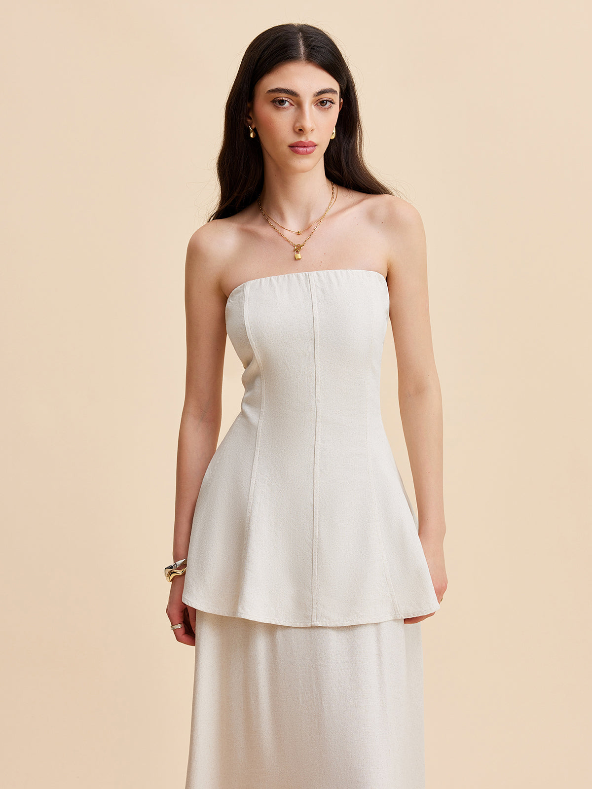 Summer Strapless Linen Blend Set for Women – Elegant Top and Flowing Skirt