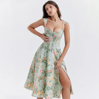 Suninheart Blue Slit Flower Vacation Dress
