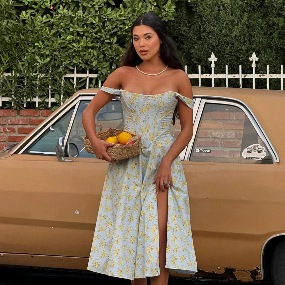 Suninheart Blue Slit Flower Vacation Dress