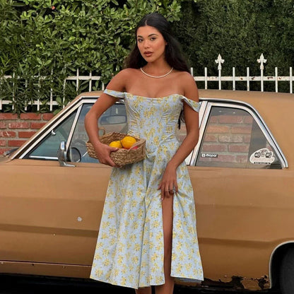 Suninheart Blue Slit Flower Vacation Dress