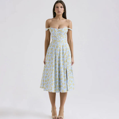 Suninheart Blue Slit Flower Vacation Dress