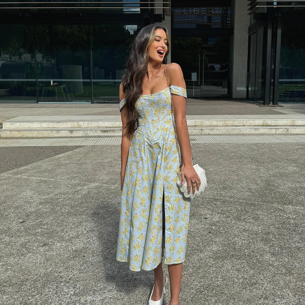 Suninheart Blue Slit Flower Vacation Dress