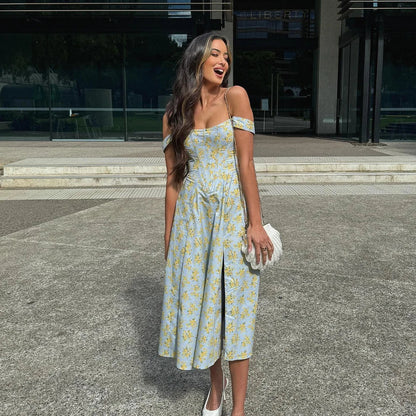 Suninheart Blue Slit Flower Vacation Dress