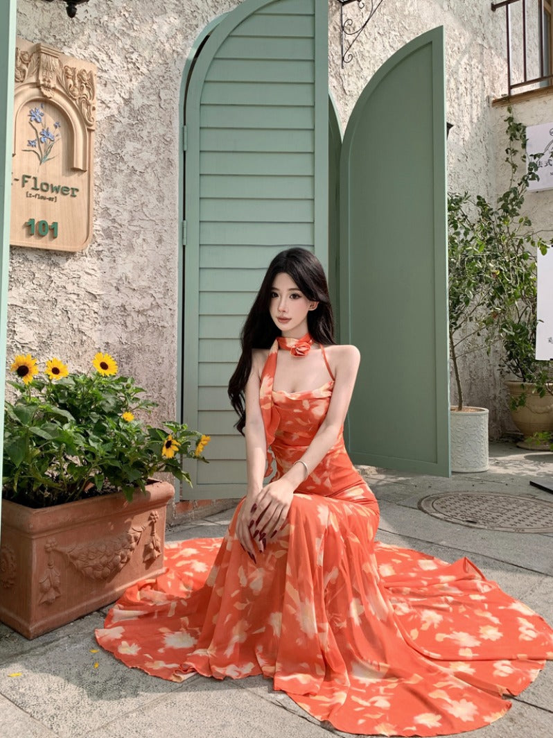 Sunset Orange Halter Maxi Dress Romantic Summer Vacation Dress