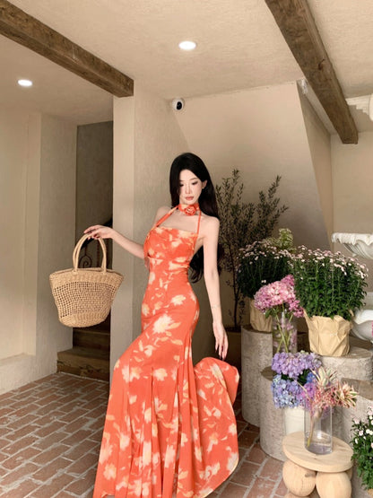 Sunset Orange Halter Maxi Dress Romantic Summer Vacation Dress