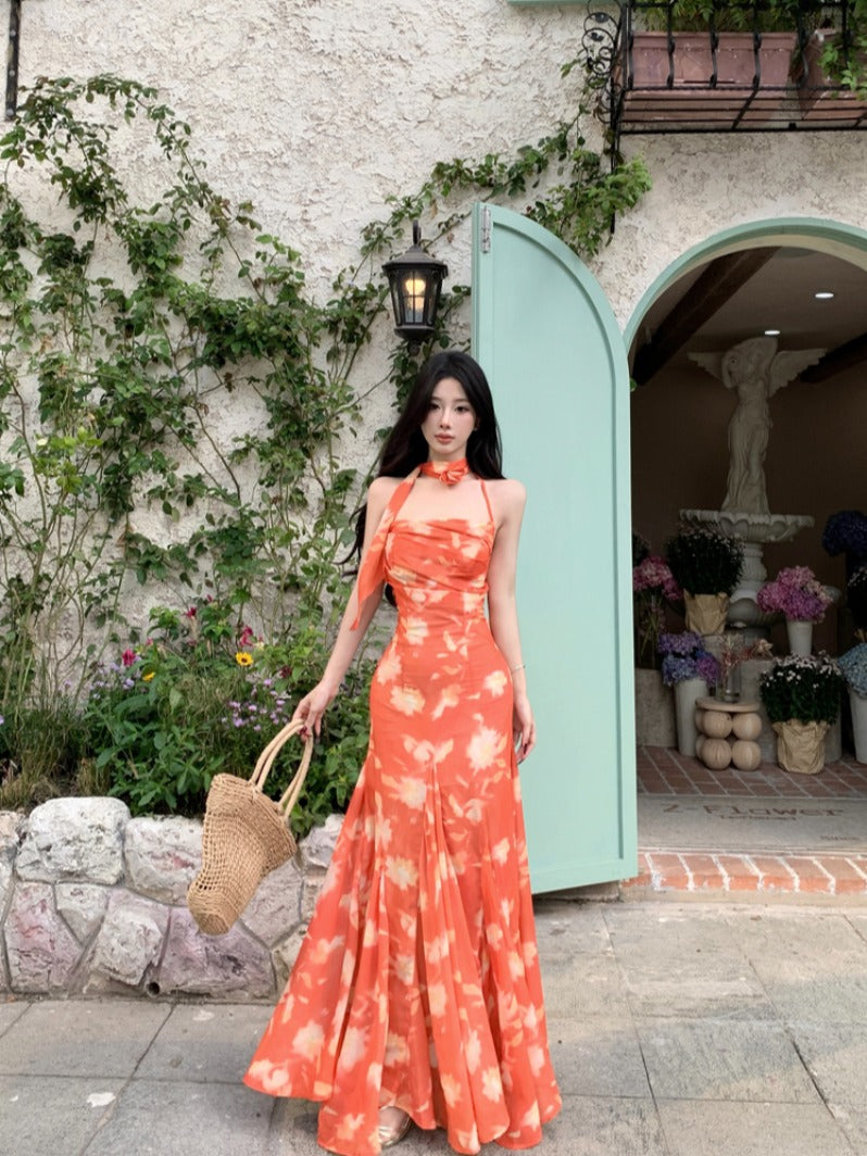 Sunset Orange Halter Maxi Dress Romantic Summer Vacation Dress