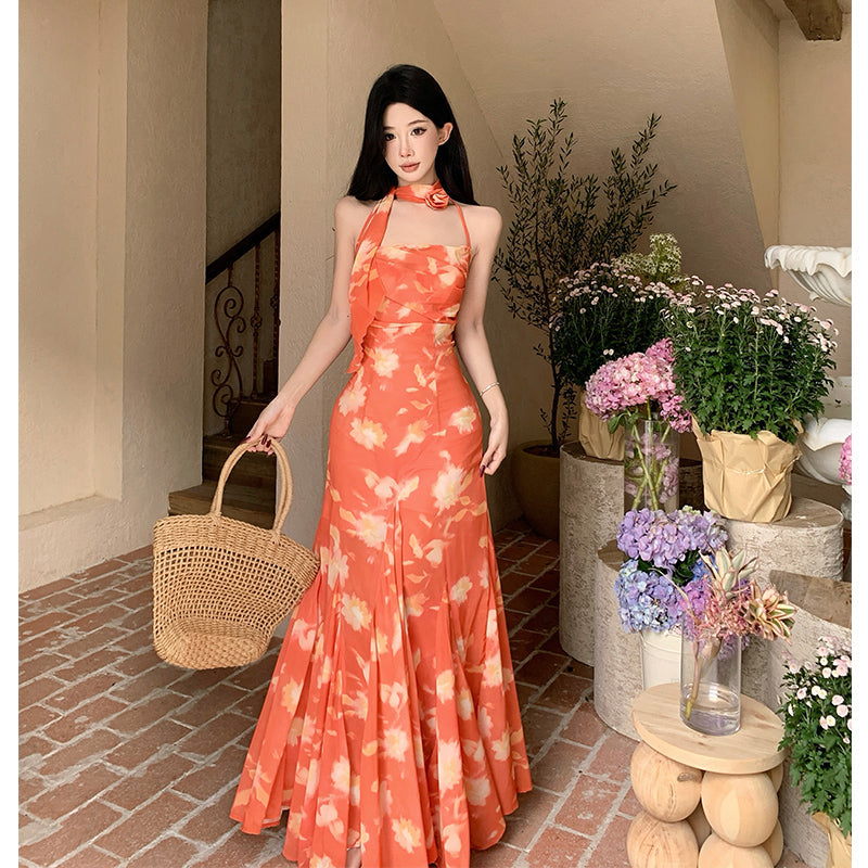 Sunset Orange Halter Maxi Dress Romantic Summer Vacation Dress