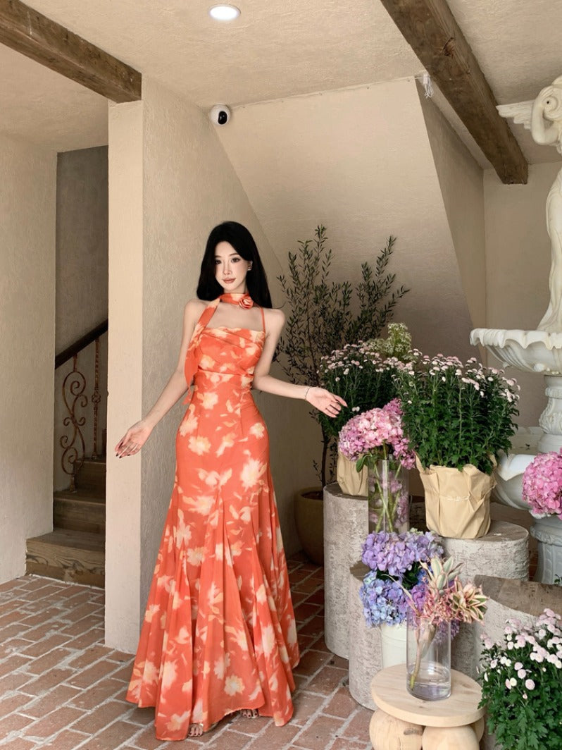 Sunset Orange Halter Maxi Dress Romantic Summer Vacation Dress