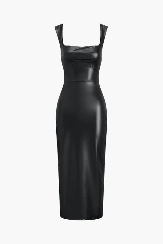 Susa Black Faux Leather Bodycon Midi Dress