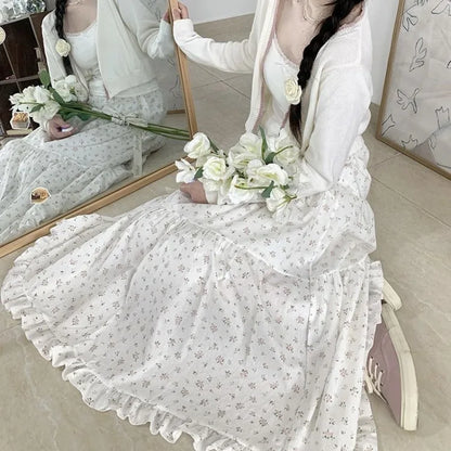 Sweet Floral Fungus A-line Skirt Women High Waist Ruched Cake Skirt