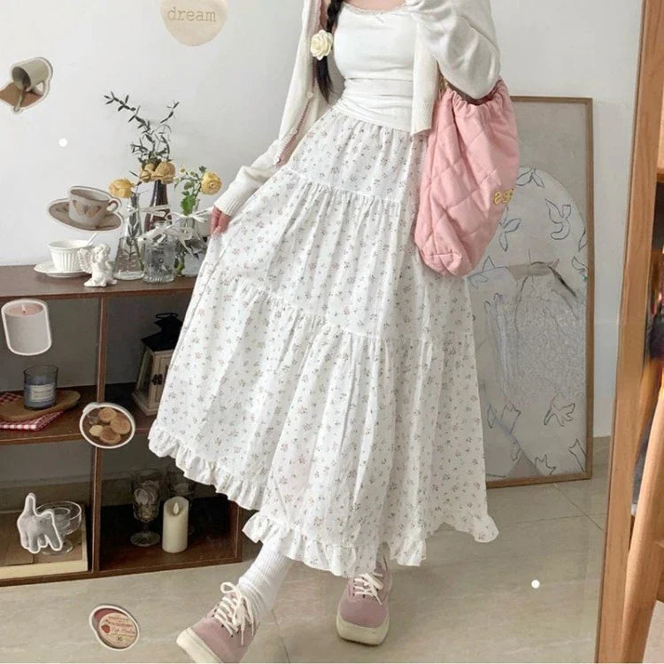 Sweet Floral Fungus A-line Skirt Women High Waist Ruched Cake Skirt