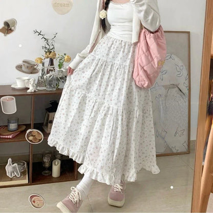 Sweet Floral Fungus A-line Skirt Women High Waist Ruched Cake Skirt