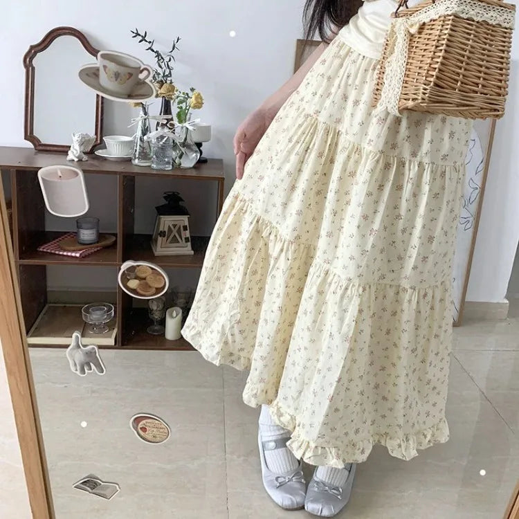 Sweet Floral Fungus A-line Skirt Women High Waist Ruched Cake Skirt