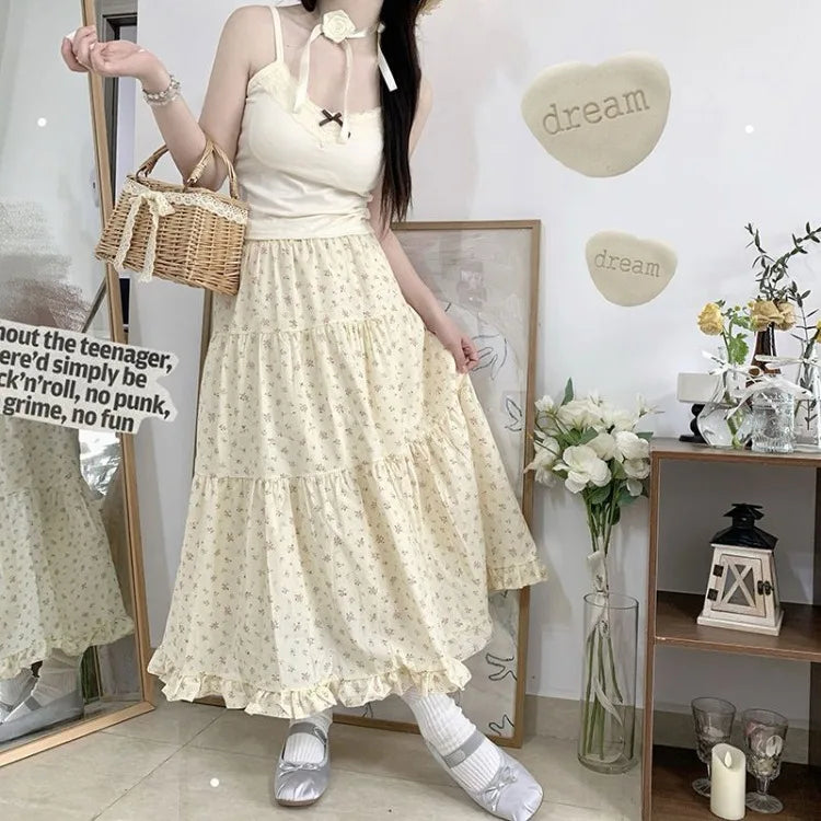 Sweet Floral Fungus A-line Skirt Women High Waist Ruched Cake Skirt