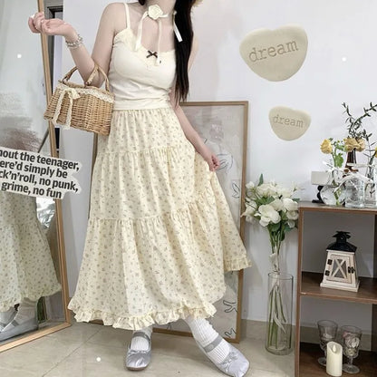 Sweet Floral Fungus A-line Skirt Women High Waist Ruched Cake Skirt