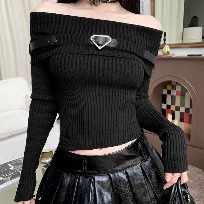 Sweet Off Shoulder Ribbed Crop Long Sleeve Slim Fit Knit Top