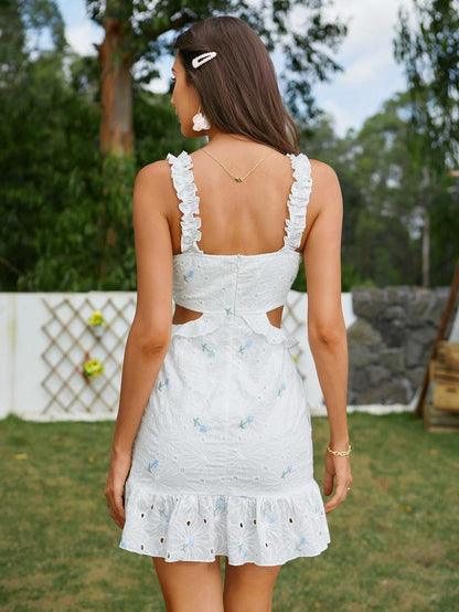 Eyelet Lace Floral Embroidery Cut-Out Waist Ruffle Trim Strap Mini Dress