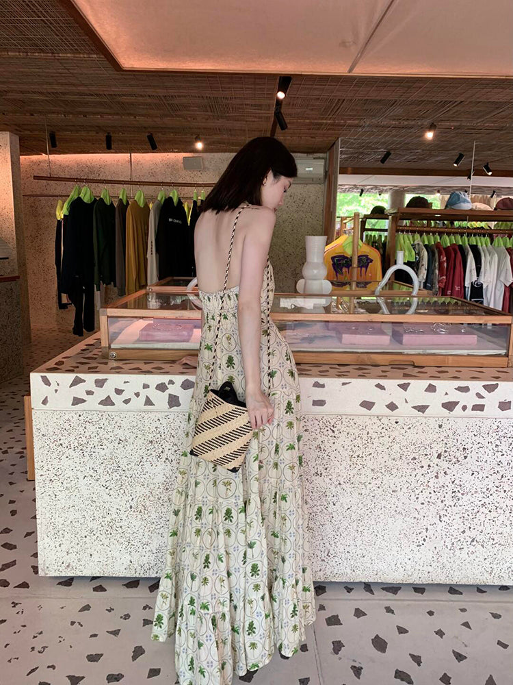 Sweet & Chic Halter Print Dress Backless A-Line Flow Dress for Summer