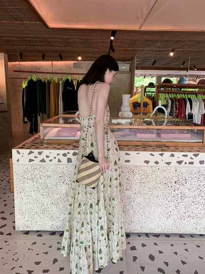Sweet & Chic Halter Print Dress Backless A-Line Flow Dress for Summer