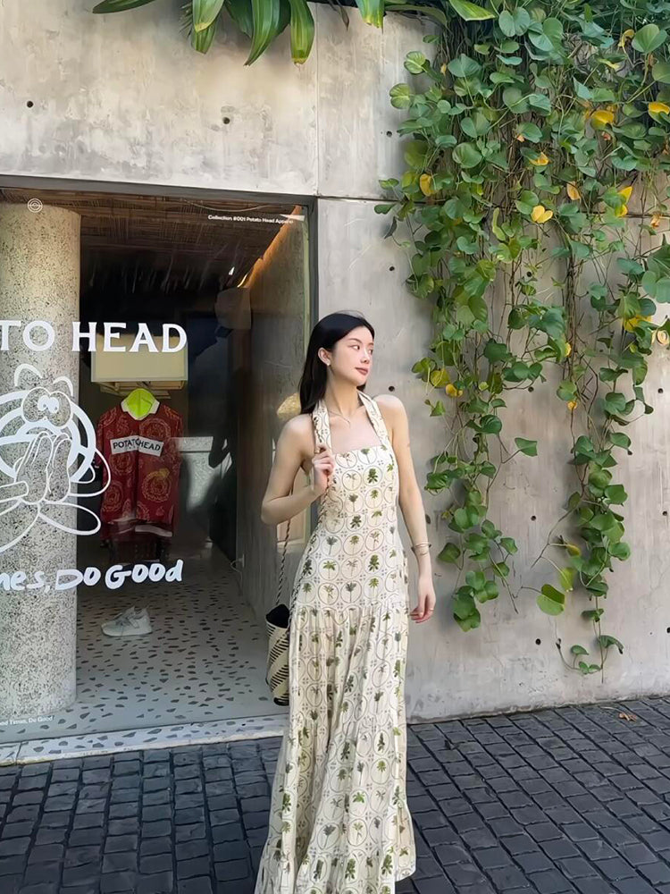 Sweet & Chic Halter Print Dress Backless A-Line Flow Dress for Summer