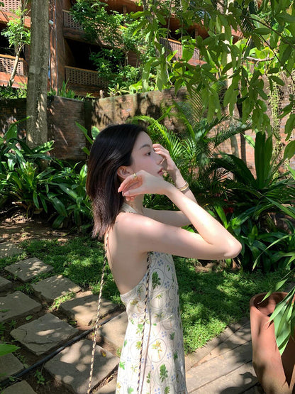 Sweet & Chic Halter Print Dress Backless A-Line Flow Dress for Summer