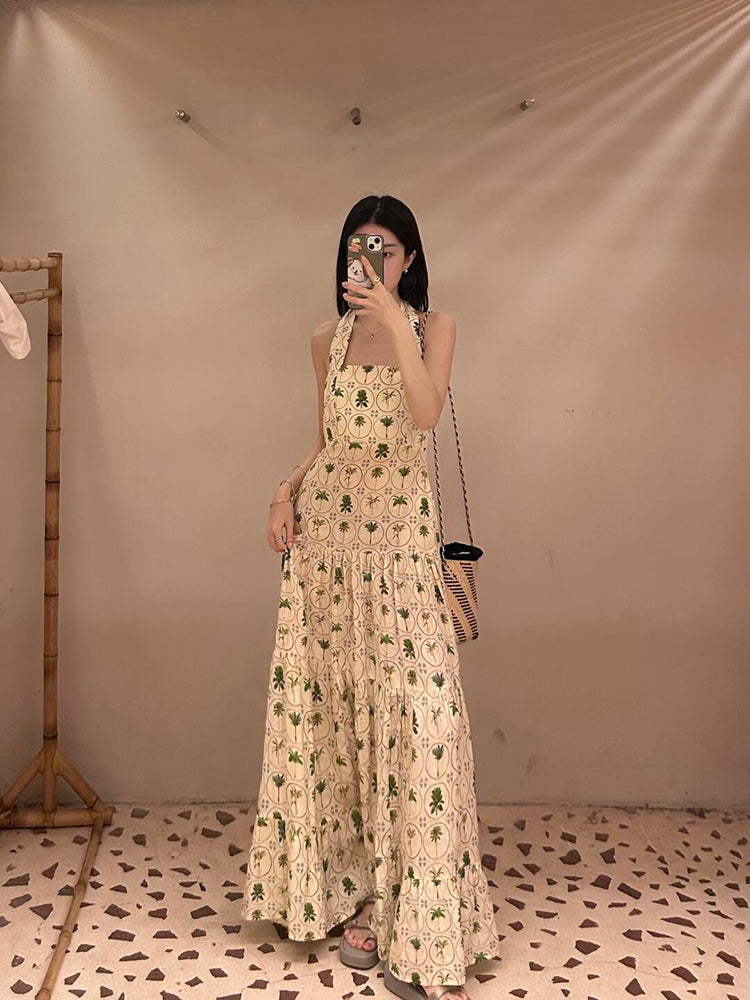 Sweet & Chic Halter Print Dress Backless A-Line Flow Dress for Summer