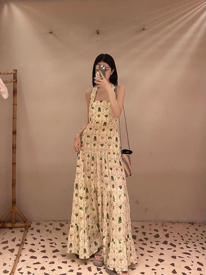 Sweet & Chic Halter Print Dress Backless A-Line Flow Dress for Summer