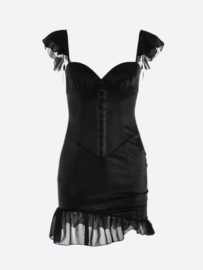 Sweetheart Corset Hook-and-Eye Ruffle Sleeve Flounce Hem Mini Dress
