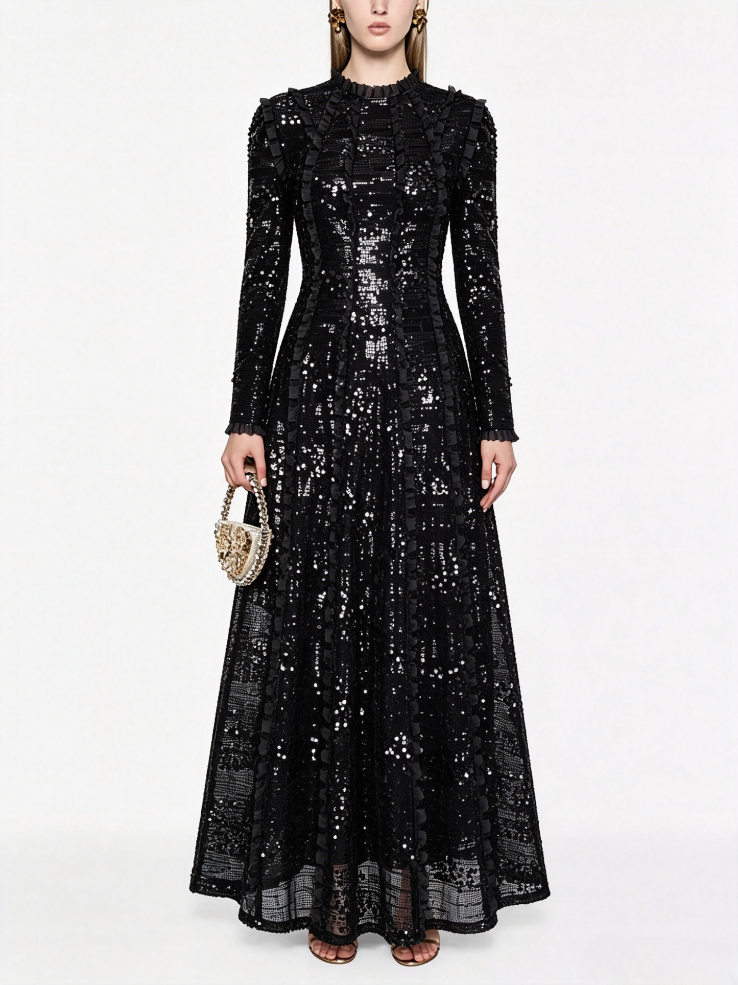 Party Dress Maxi Champagne Stand Collar Sequins Long Sleeves Elegant Semi Formal Dress