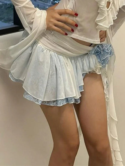 Flower Lace Mini Skirt Asymmetrical Ruffle High Street Skirt