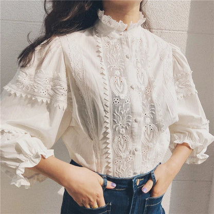 Vintage Floral Embroidery Cotton Linen Lantern Sleeve Boho Blouse