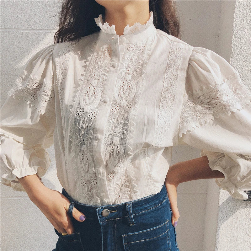 Vintage Floral Embroidery Cotton Linen Lantern Sleeve Boho Blouse