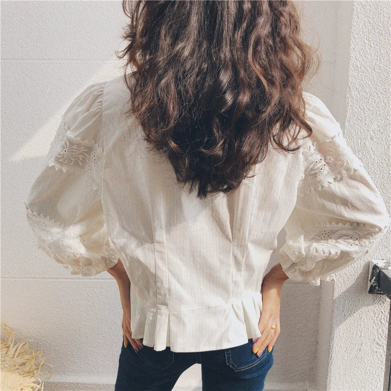 Vintage Floral Embroidery Cotton Linen Lantern Sleeve Boho Blouse