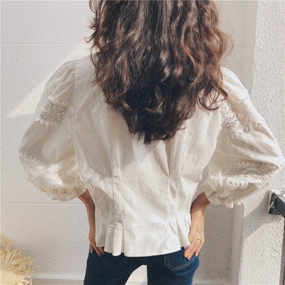 Vintage Floral Embroidery Cotton Linen Lantern Sleeve Boho Blouse