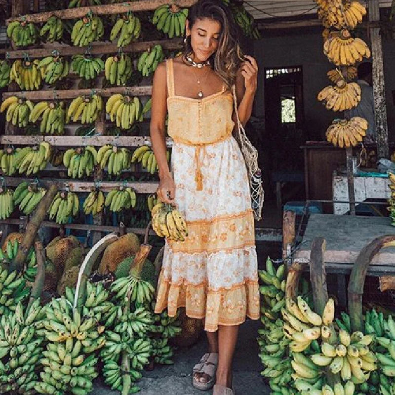 Boho Sundress Sexy Sleeveless Strap Rayon Floral Beach Dress