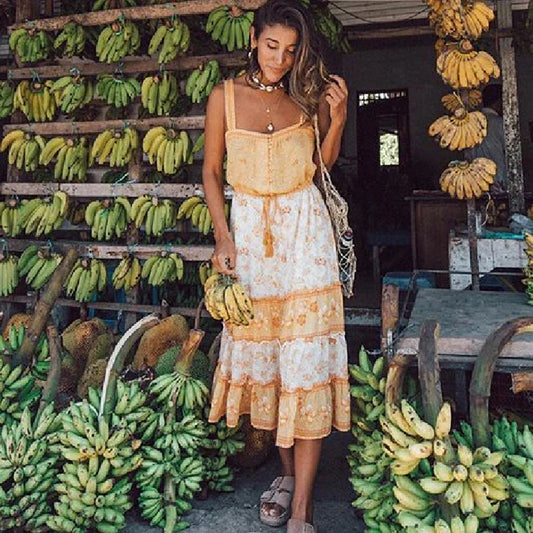 Boho Sundress Sexy Sleeveless Strap Rayon Floral Beach Dress