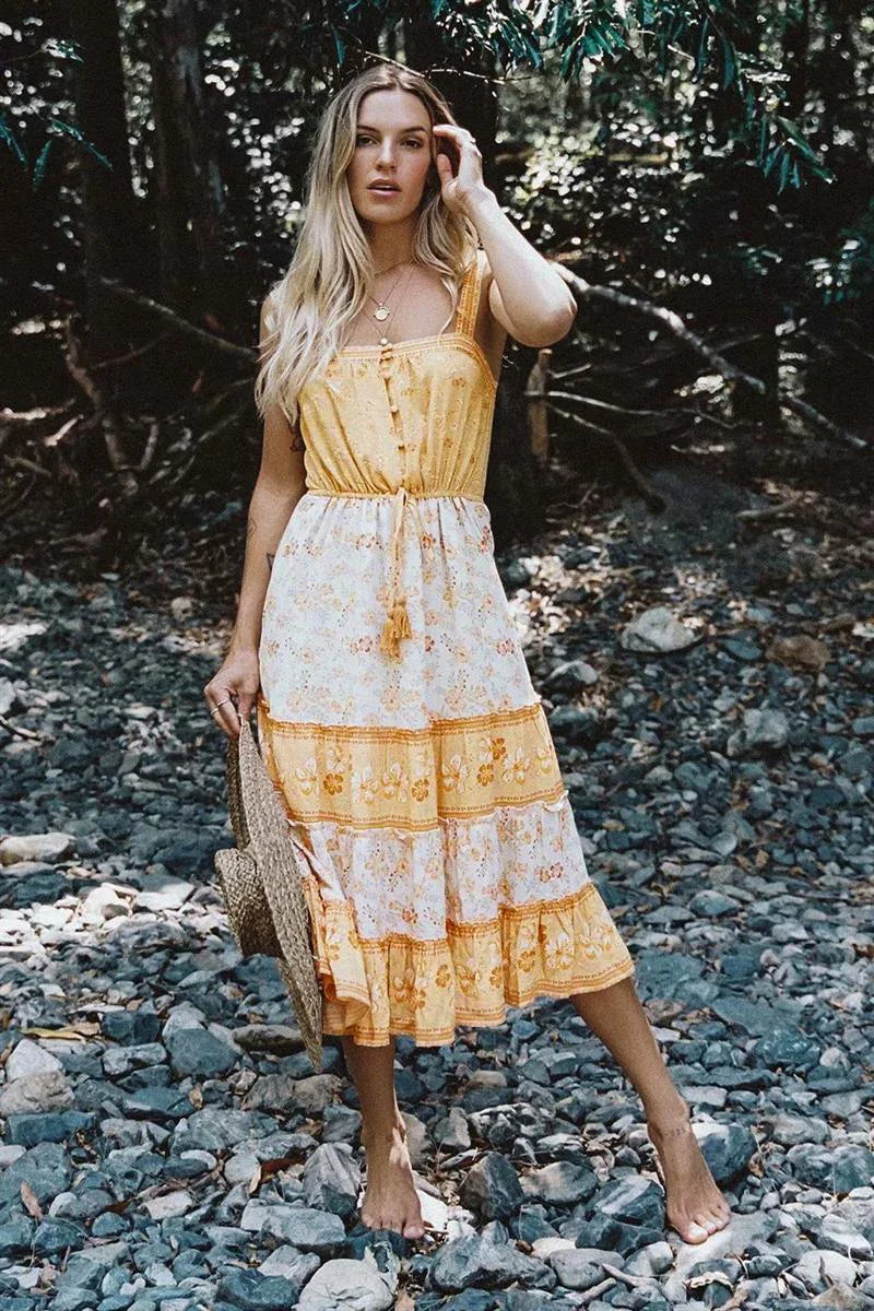 Boho Sundress Sexy Sleeveless Strap Rayon Floral Beach Dress