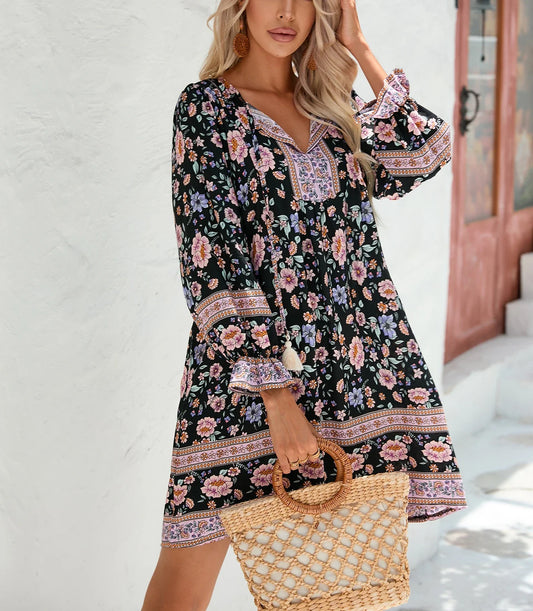 Lantern Sleeve Floral Boho Dress