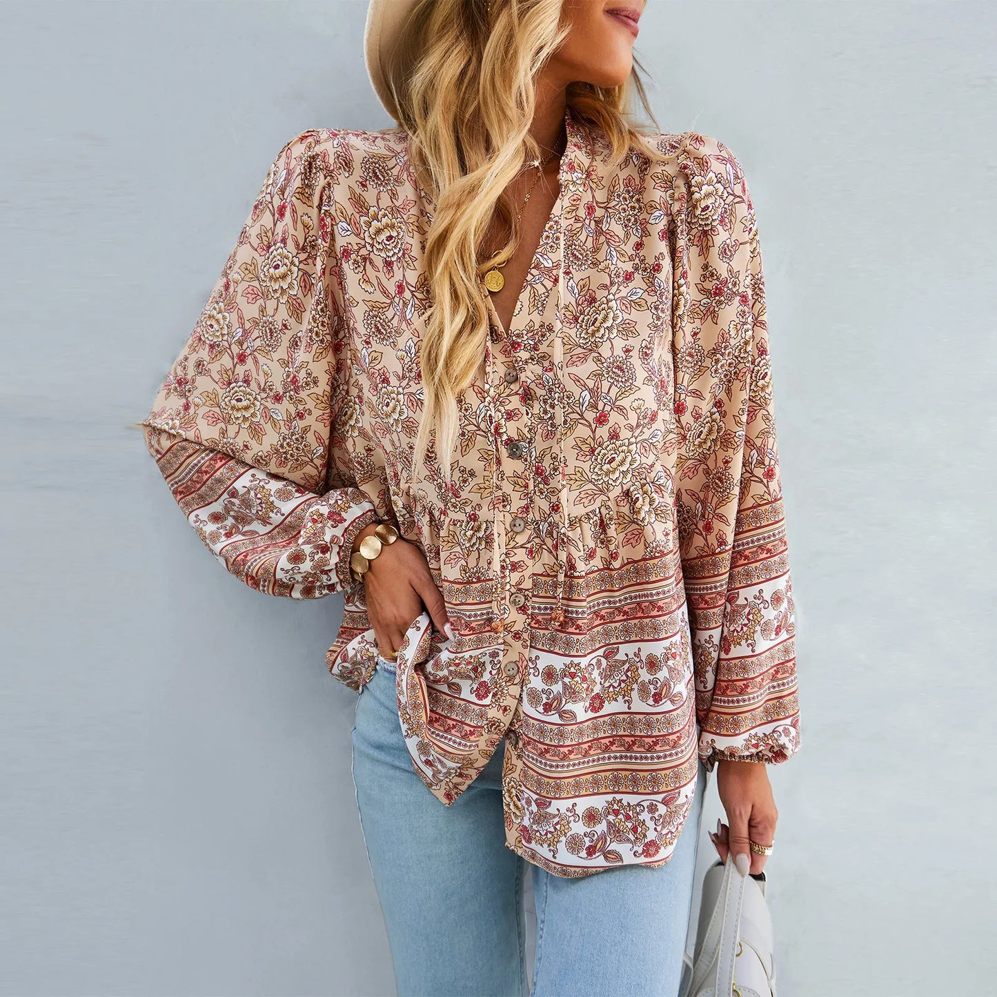 Floral Print Button-Up Long Sleeve Boho Blouse