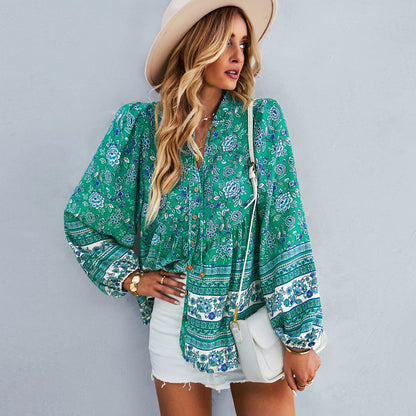 Floral Print Button-Up Long Sleeve Boho Blouse