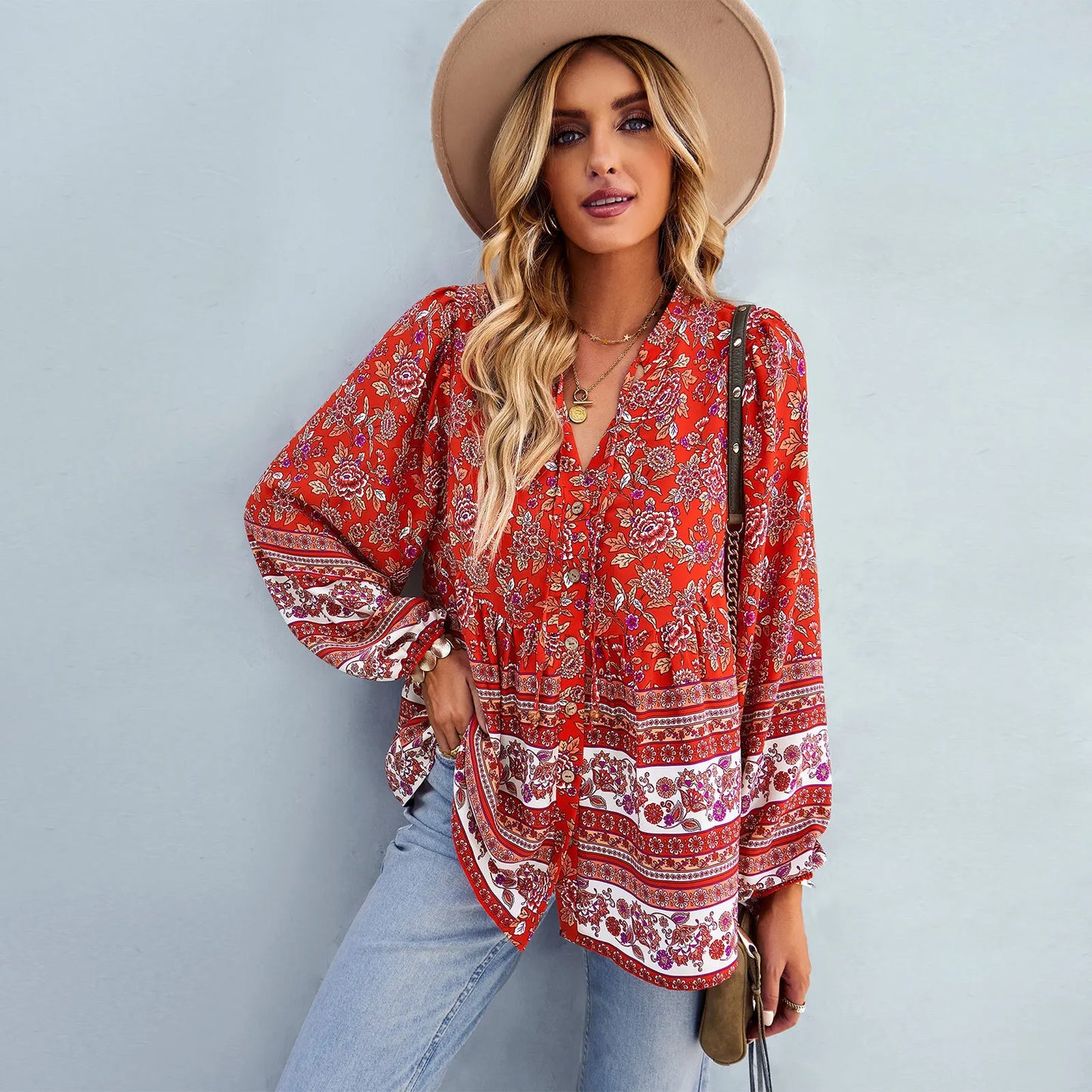 Floral Print Button-Up Long Sleeve Boho Blouse