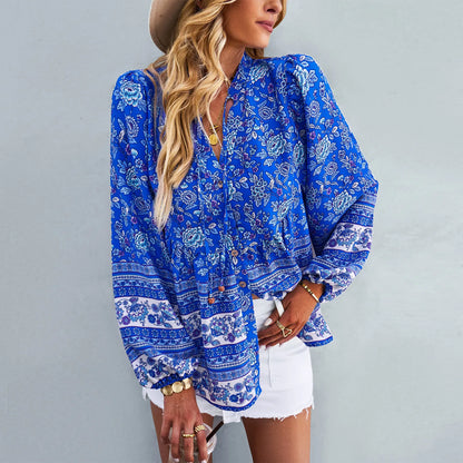 Floral Print Button-Up Long Sleeve Boho Blouse