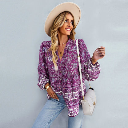 Floral Print Button-Up Long Sleeve Boho Blouse