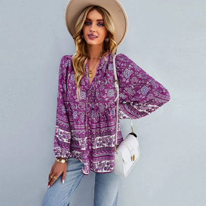 Floral Print Button-Up Long Sleeve Boho Blouse