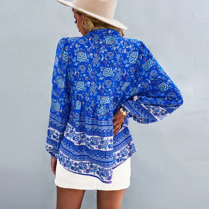 Floral Print Button-Up Long Sleeve Boho Blouse