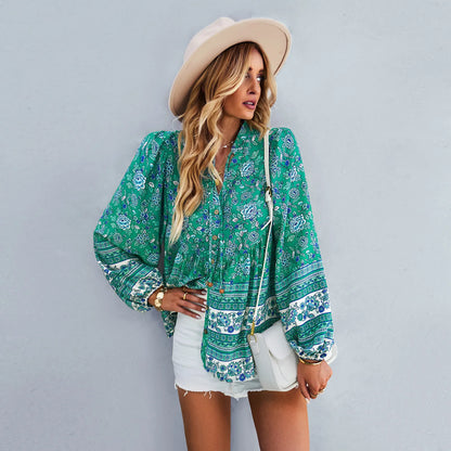 Floral Print Button-Up Long Sleeve Boho Blouse