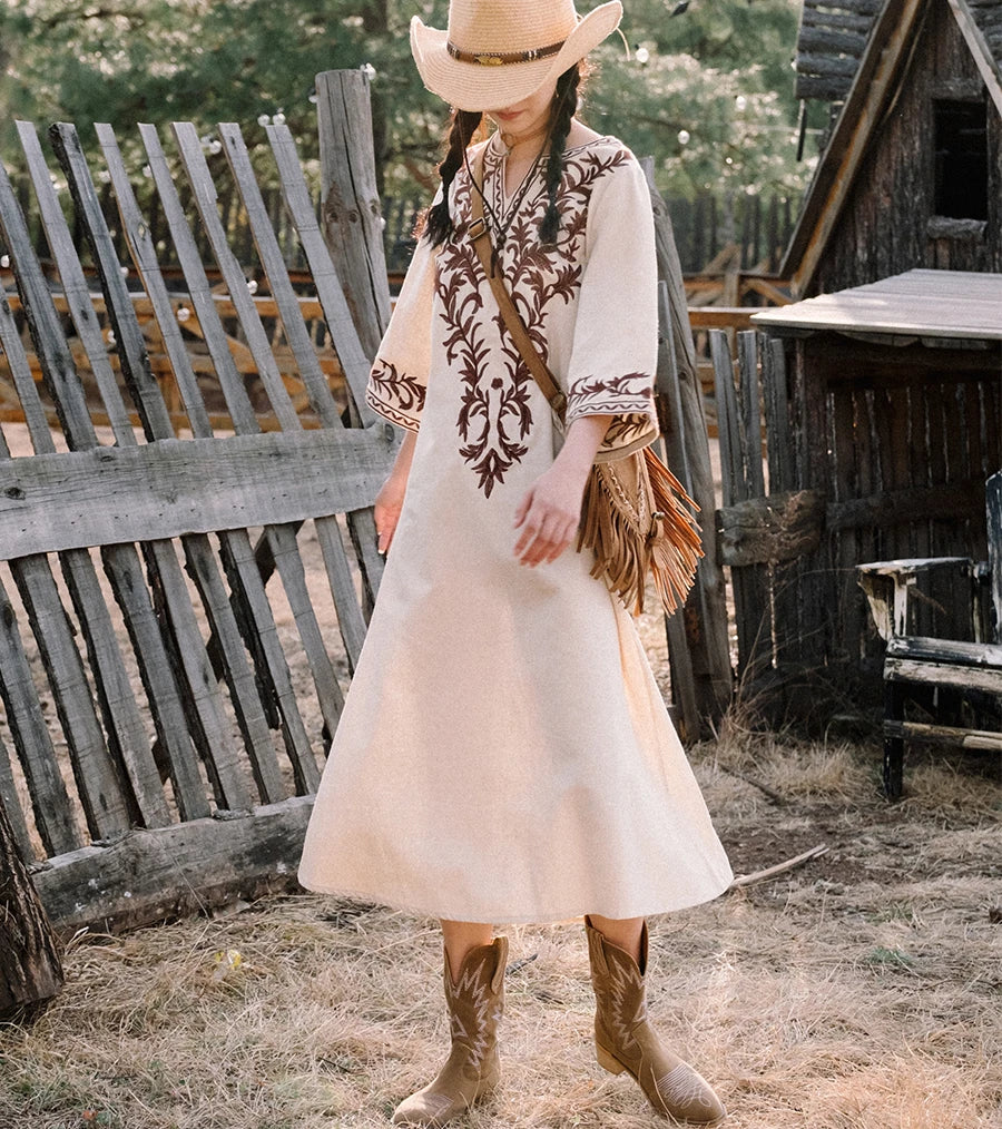 Cotton Linen Floral Boho Dress