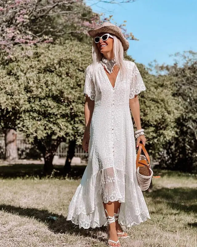 Boho Loose Summer Dress Vintage Deep V Floral Print